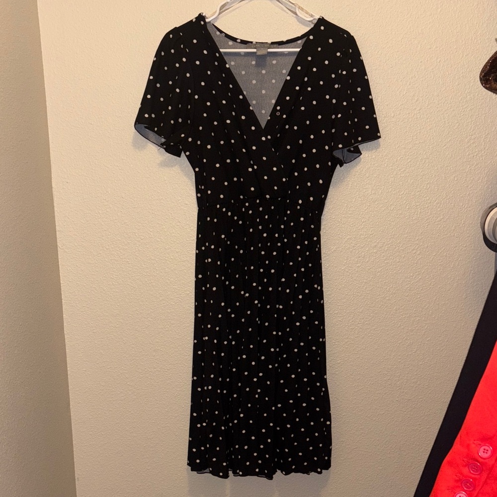 Lark + Grey Black & White Polka Dot Dress Fringe Hem Size M